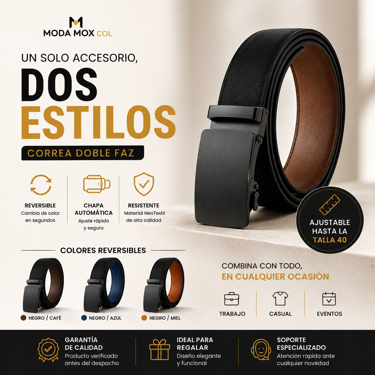 Correa Reversible para Hombre | Doble Faz | Chapa Automática Ajustable