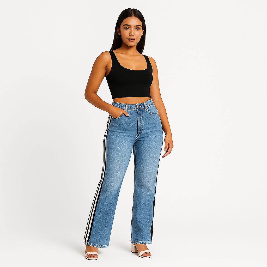 Jeans Wide Leg Mujer con Franjas Laterales