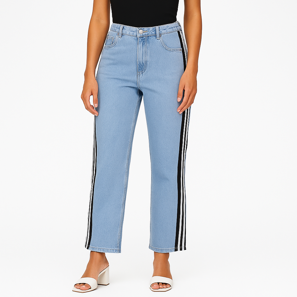 Jeans Wide Leg Mujer con Franjas Laterales