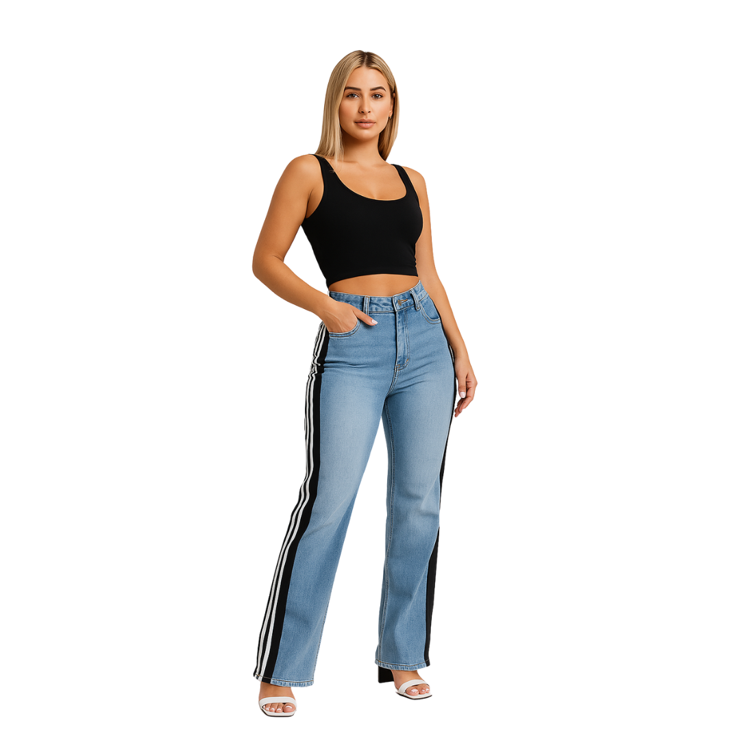 Jeans Wide Leg Mujer con Franjas Laterales