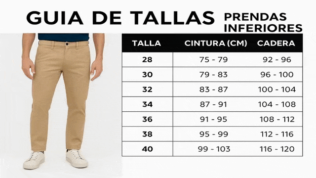 Guía de tallas para pantalones de hombre: medidas de cintura y cadera en cm - Moda Mox