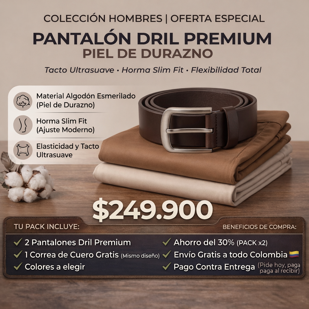 Pantalón Dril Premium Tipo "Piel de Durazno" + Correa De Cuero