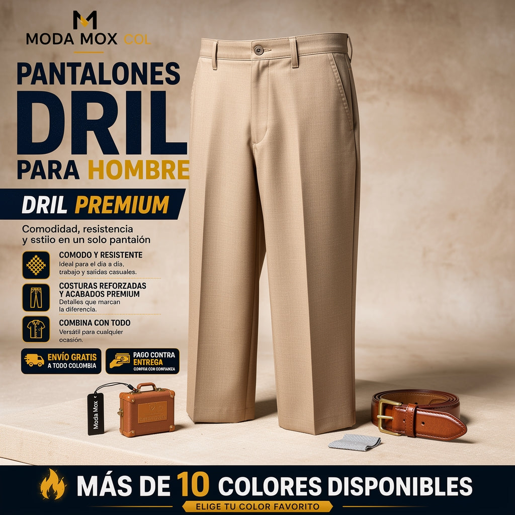 Hombre usando pantalón de Drill Premium Slim Fit con corte tipo chino de Moda Mox